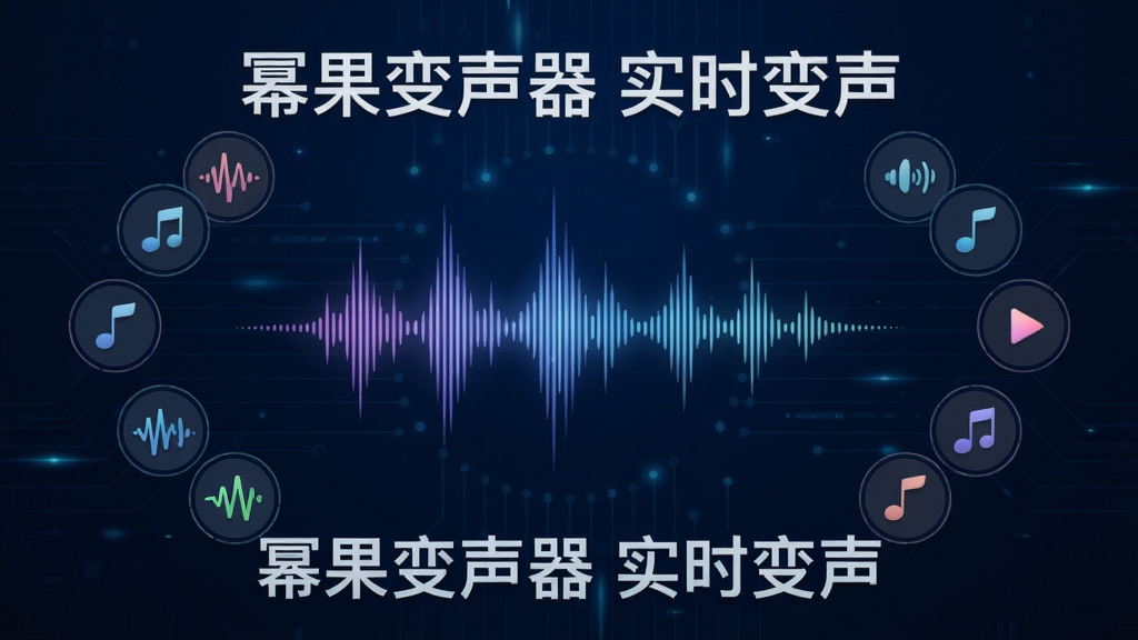 展示幂果变声器实时变声引擎工作的动态场景,画面中央是一个声波图形,两侧有多个音色图标环绕,背景为深蓝科技风,整体布局清晰,画质细腻干净,无多余元素,文字标注