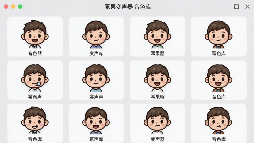 展示幂果变声器音色库界面截图,界面以网格形式展示多个卡通音色头像,每个头像下方标注名称,背景为浅灰色,整体风格清新简洁,画质清晰,干净无多余元素,文字标注