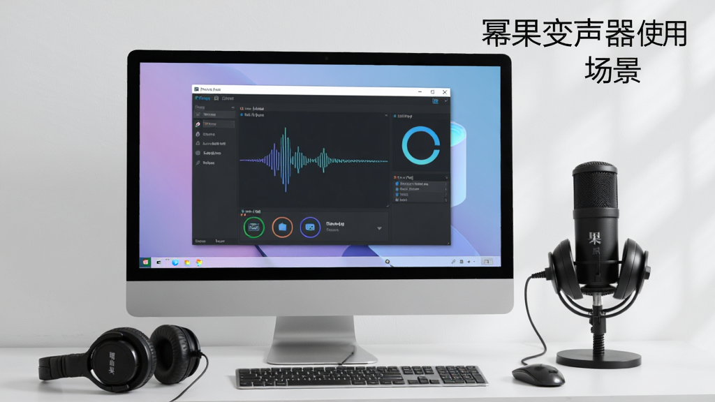 一张展示幂果变声器在电脑上使用的场景,屏幕上显示软件界面,旁边有耳机和麦克风,背景为简洁的桌面环境,整体风格写实,画质清晰,干净无多余元素,文字标注