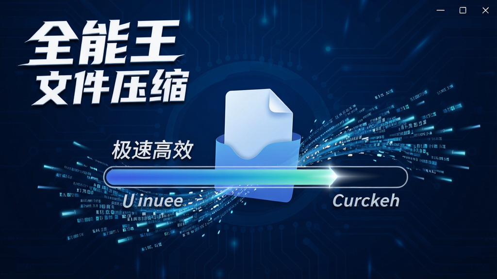 一张动态效果图,画面中央显示“全能王文件压缩”软件正在进行文件压缩,进度条快速前进,周围有飞溅的数据流特效,背景为深蓝色科技感风格,突出“极速”“高效”特点,软件名称以白色艺术字置于左上角,画质清晰流畅,无多余元素。