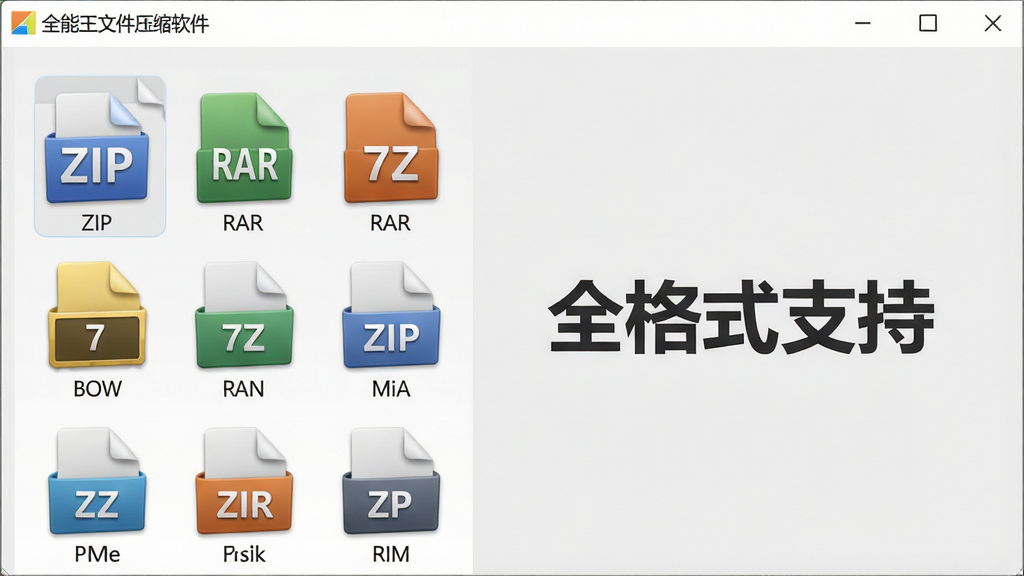 一张展示“全能王文件压缩”软件格式支持界面的截图,左侧列出多种压缩格式图标(ZIP、RAR、7Z等),右侧显示“全格式支持”字样,背景为浅灰色,整体风格简约商务,图标立体感强,文字清晰,画质干净。