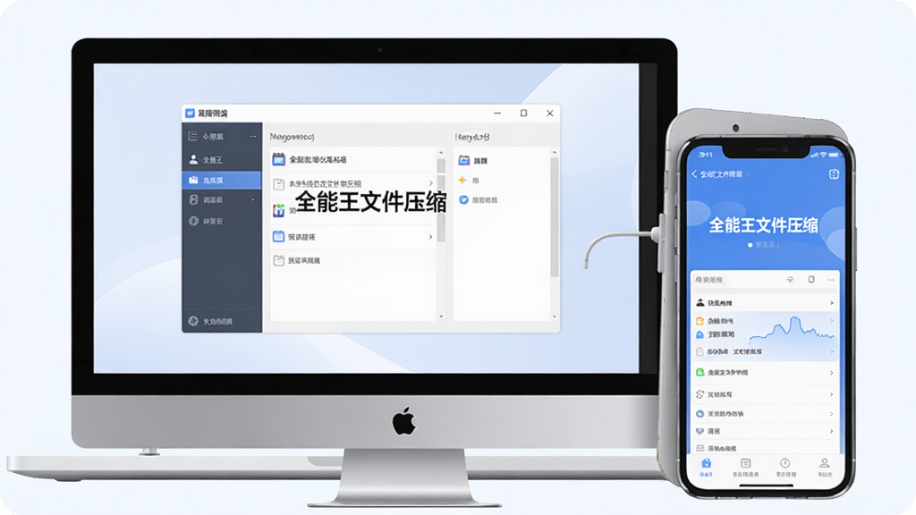 一张手机与电脑并排显示的图片,电脑屏幕显示“全能王文件压缩”软件界面,手机屏幕显示同一软件的移动端界面,背景为浅白色,突出跨设备同步功能,画质清晰,无多余元素。