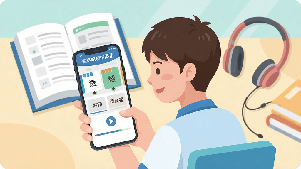 设计一张展示学习场景的扁平化插画,主体是一个初中生正使用手机上的