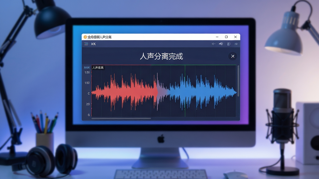 主体:金舟音频人声分离软件界面运行场景,电脑屏幕展示分离波形图,耳机与麦克风点缀。布局:居中构图,软件窗口占视觉中心,两侧留白。排版:前景软件界面清晰,背景虚化工作台。风格:现代科技感,蓝紫色调,扁平化设计。细节:界面显示“人声分离完成”字样,波形图红蓝双色。画质:8K超清,干净无杂物。