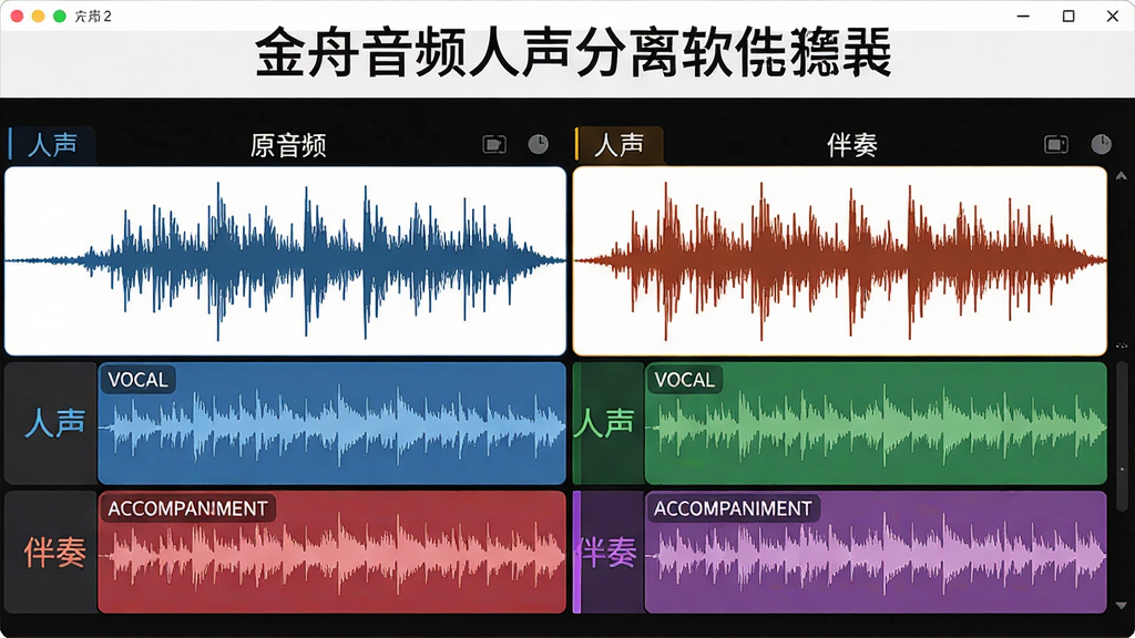 主体:金舟音频人声分离软件功能展示图,界面显示“人声”“伴奏”两个音轨。布局:左右分屏对比,左侧原音频波形,右侧分离后结果。排版:上下结构,上方标题栏,下方波形对比。风格:简洁明亮,白色背景,彩色波形。细节:人声音轨标注“VOCAL”,伴奏轨标注“ACCOMPANIMENT”。画质:高清矢量插画,边缘锐利。