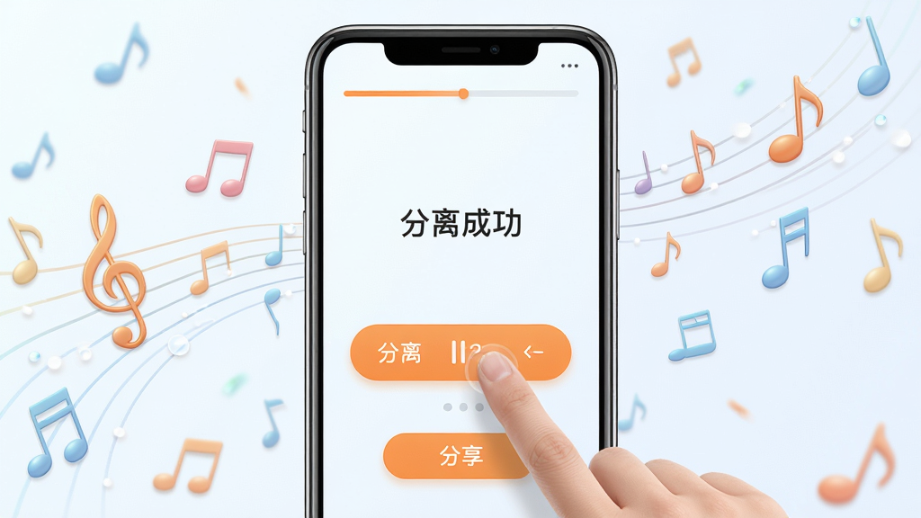 主体:手机端金舟音频人声分离软件操作界面,手指点击分离按钮。布局:手机屏幕居中,周围有音乐音符飘动。排版:竖版构图,顶部显示进度条。风格:清新简洁,浅色背景,橙色按钮。细节:界面显示“分离成功”提示,下方有分享按钮。画质:高清渲染,细节清晰。