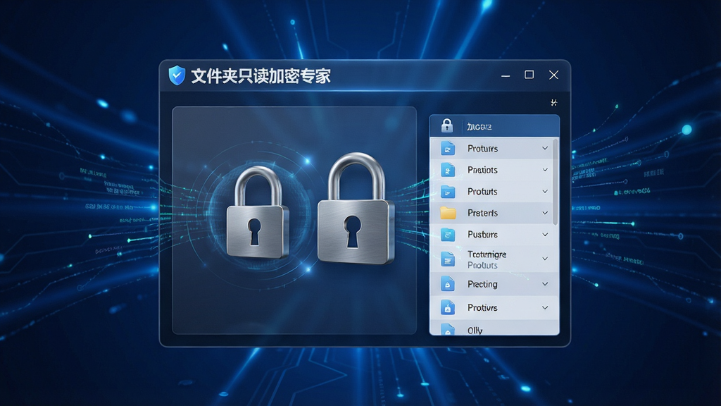 一张现代感十足的三维渲染主视觉图,主体为“文件夹只读加密专家”软件的悬浮窗口界面,背景为深蓝色科技感光效,窗口内展示加密锁定动画与文件列表,布局居中,排版大气,风格写实,细节包括金属质感的挂锁图标与数据流线条,画质高清,干净,无多余元素