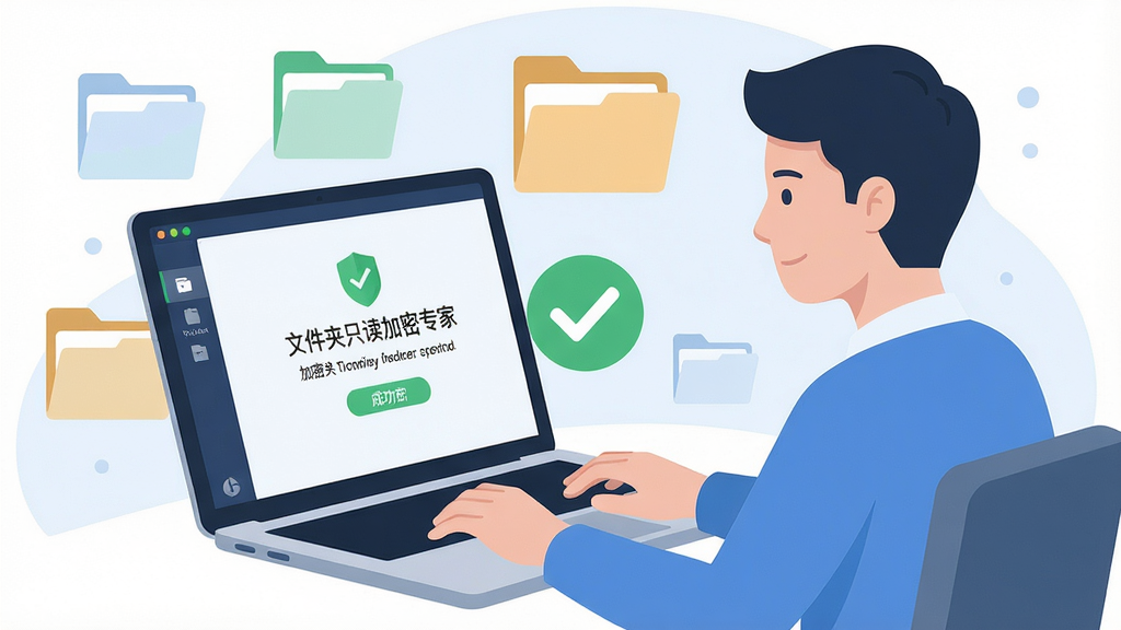 一张展示“文件夹只读加密专家”使用场景的插画,主体为一位用户正在笔记本电脑前操作软件,屏幕上显示加密成功的提示,布局为侧视图,排版简洁,风格清新,细节包括绿色对勾与背景中的文件夹图标,画质干净,无多余元素
