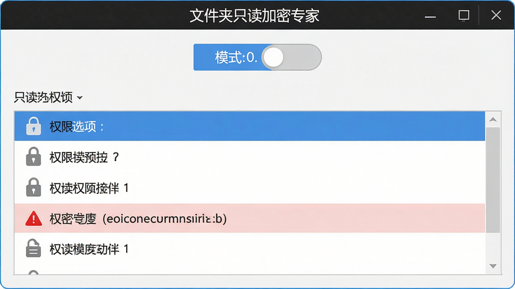 一张展示“文件夹只读加密专家”只读模式设置的界面,主体为软件设置面板,顶部为模式切换按钮,下方为权限选项列表,布局规整,排版清晰,风格简洁,细节包括灰色锁定图标与红色警告提示,画质干净,无多余元素