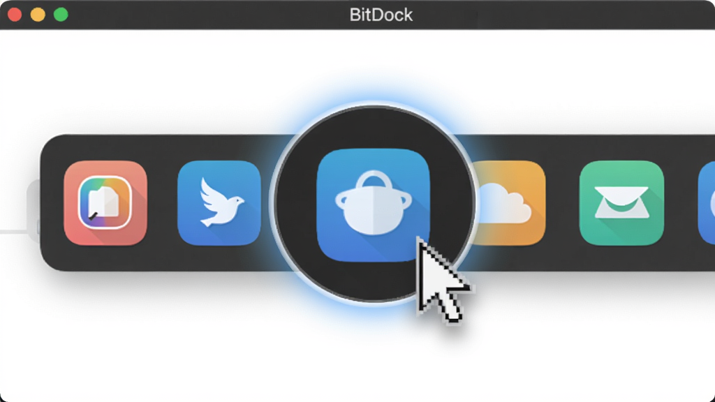 主体为BitDock软件界面截图特写,展示Dock栏上图标放大的动态过程,布局以Dock栏为中心,左右留白,排版干净,风格扁平化设计,细节突出鼠标指针指向图标时的放大效果和光晕,画质清晰,干净,无多余元素。