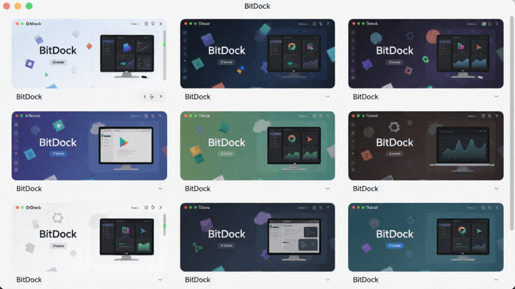 主体为BitDock软件设置界面,展示多款不同风格的主题缩略图,布局为网格展示,排版整齐,风格清新,细节包括主题名称标签和预览窗口,画质高清,干净,无多余元素。