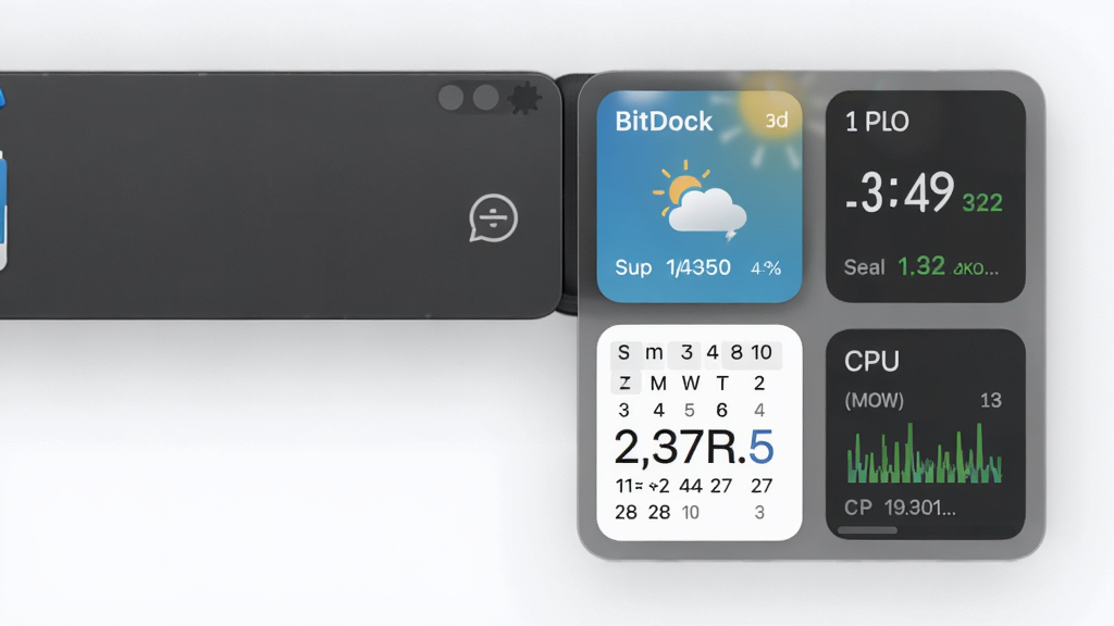 主体为BitDock桌面Dock栏上显示天气、日历和CPU监控小组件,布局在Dock栏右侧延伸,排版紧凑,风格简约,细节包含实时数据更新和半透明背景,画质清晰,干净,无多余元素。