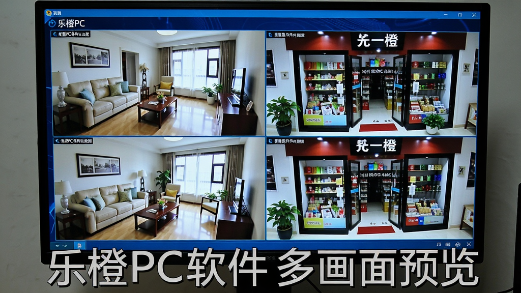 一张乐橙PC软件多画面分割预览的实拍图,画面中电脑显示器上显示4路高清监控画面,包含家庭客厅与商铺门口场景,界面清晰明亮,布局整齐,科技感蓝色调,画质干净细腻,无多余元素,文字标注