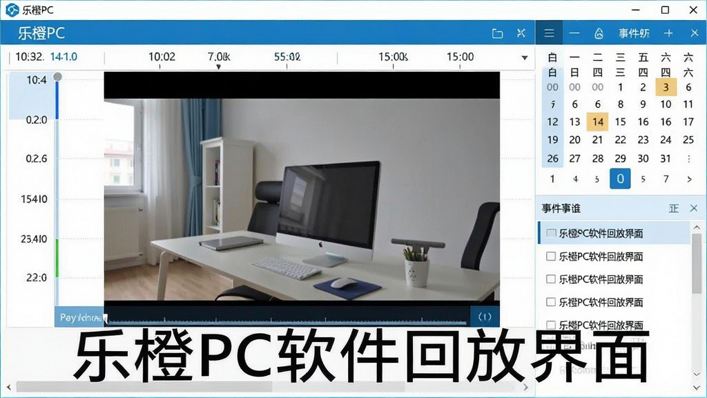 一张乐橙PC软件远程回放界面截图,画面中显示时间轴与视频画面,右侧有日历与事件列表,界面以蓝白为主,风格清爽专业,布局合理,画质干净清晰,无多余元素,文字标注