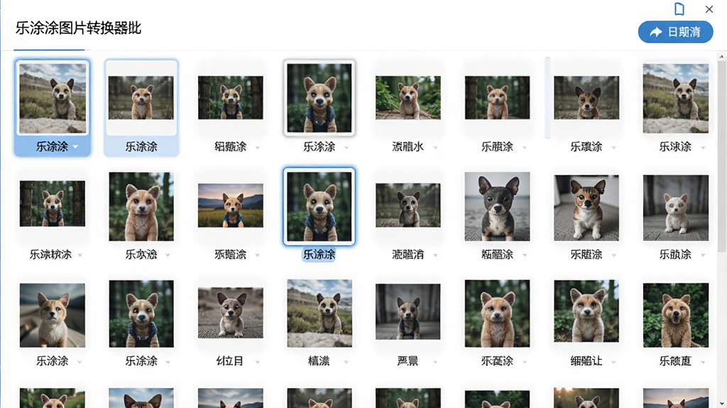 主体:乐涂涂图片转换器批量处理界面,显示多张图片缩略图列表,布局:列表排列,顶部有导入按钮,排版:缩略图下方为文件名,风格:简洁实用,细节:选中图片高亮显示,画质:高清,干净,无多余元素