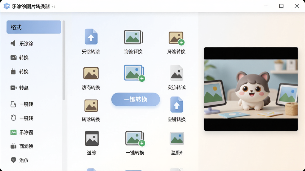 主体:乐涂涂图片转换器软件界面展示,界面中央显示多种图片格式转换选项,布局:功能图标环绕排列,左侧为格式列表,右侧为预览窗口,排版:清晰有序,风格:现代简约,细节:界面色彩柔和,按钮标注“一键转换”,画质:高清,干净,无多余元素