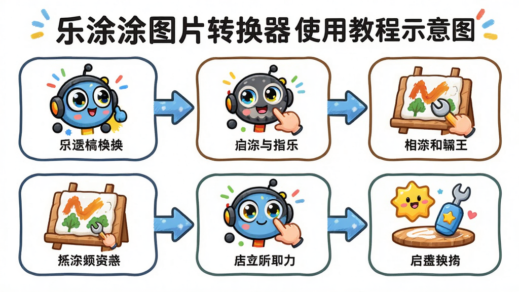 主体:乐涂涂图片转换器使用教程示意图,显示步骤指引,布局:分步图示,排版:步骤箭头连接,风格:卡通插画风格,细节:每一步有图标说明,画质:高清,干净,无多余元素