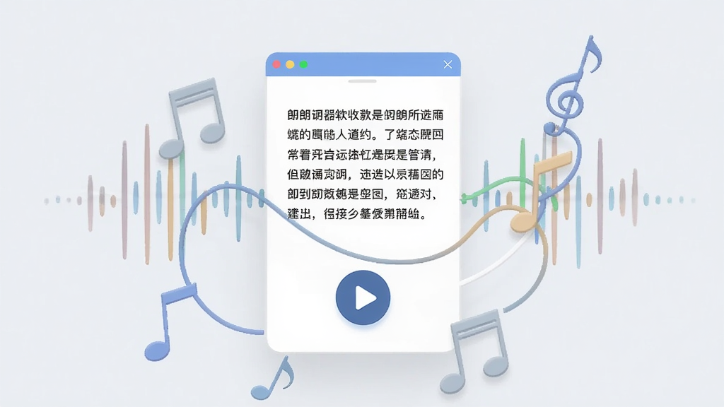 高清数字渲染图,主体是鹦鹉朗读器软件界面悬浮在浅色背景上,界面显示一段中文文本和播放按钮,周围环绕着声波图案和音符元素,布局居中,排版简洁,风格现代扁平化,细节包括清晰的文字段落和醒目的播放图标,画质干净,无多余元素