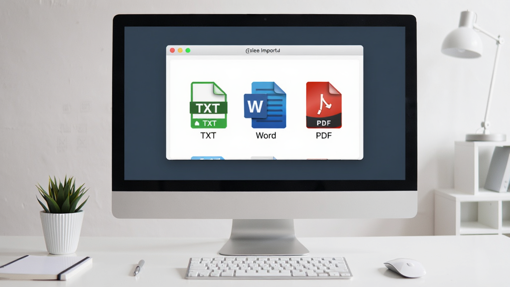 鹦鹉朗读器软件运行场景,电脑屏幕上显示文件导入界面,列出TXT、Word、PDF格式图标,桌面整洁,布局直观,排版有序,风格商务简约,细节包括文件格式图标色彩鲜明,画质清晰干净,无多余元素