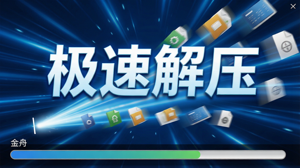 金舟压缩宝解压过程动画截图,显示进度条快速推进,背景为动态蓝色光效,文件图标飞速飞出,文字“极速解压”醒目展示,画面动感十足,画质清晰,无多余元素