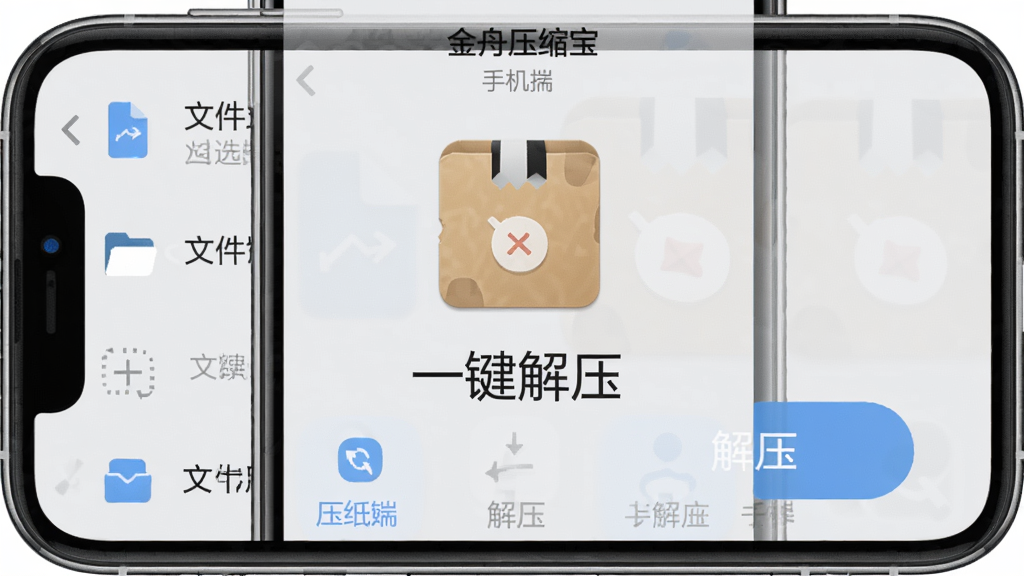 金舟压缩宝手机端操作界面,展示文件选择列表与解压按钮,背景为浅灰色,手机屏幕内显示压缩包图标,文字“一键解压”清晰可见,整体风格简洁,画质干净,无多余元素