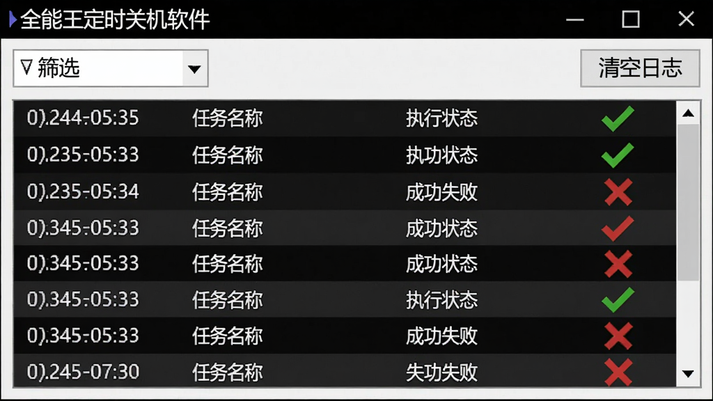 全能王定时关机软件的操作日志界面,展示一个滚动列表,每行包含时间戳、任务名称、执行状态(成功/失败),状态用绿色对勾和红色叉号图标区分,列表顶部有筛选下拉框和“清空日志”按钮,整体界面采用黑白灰配色,信息密度高,画质清晰,无多余元素