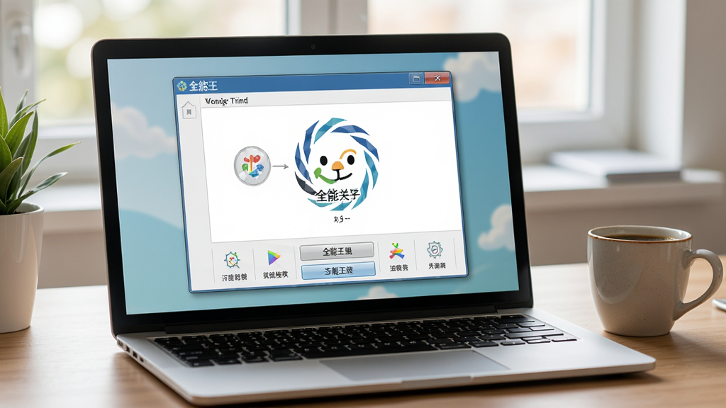 一张笔记本电脑屏幕上显示全能王定时关机软件运行界面的实拍照片,界面清晰可见,电脑旁边放着一杯咖啡,桌面整洁,光线明亮,整体风格温馨,画质高清,细节丰富