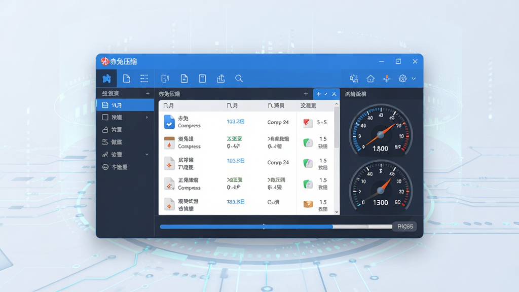 主体为“赤兔压缩”软件主界面悬浮在浅色科技感背景上,界面显示蓝色调工具栏、文件列表与压缩进度条,布局居中,排版清晰,风格扁平化现代UI,细节包含压缩包图标与速度仪表盘元素,画质高清干净,无多余元素