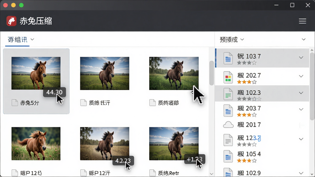 主体为“赤兔压缩”软件文件预览界面,展示压缩包内图片缩略图与文档列表,布局为网格视图,风格简洁商务,细节包含鼠标悬停高亮效果与文件大小标签,画质高清干净,无多余元素