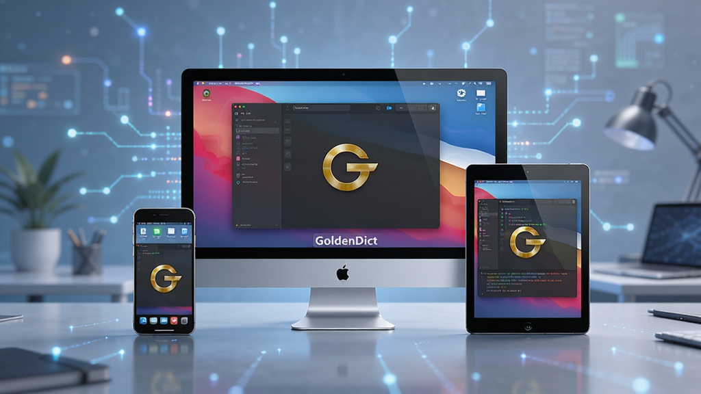 GoldenDict 跨平台设备同步概念图,画面展示电脑、手机、平板多设备围绕软件界面,风格现代,科技感,布局均衡,清晰体现多平台支持