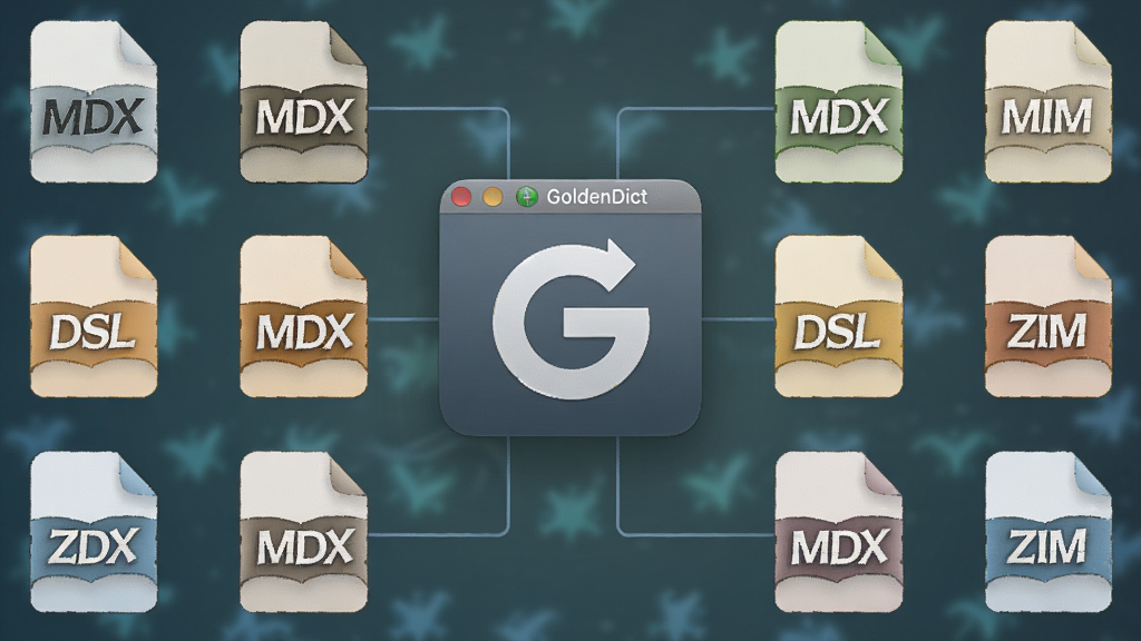 GoldenDict 加载多种词典格式示意图,画面中央为软件图标,周围环绕 MDX、DSL、ZIM 文件图标,布局有序,风格简洁,清晰展示多格式支持特性