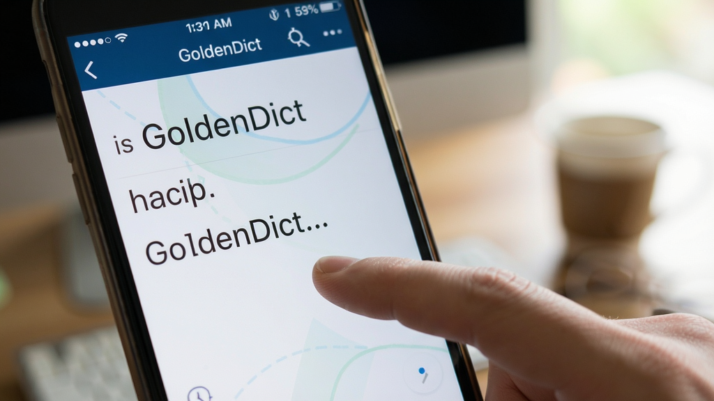 GoldenDict 手机端查词操作演示图,展示手机屏幕上词典界面,手指点击词条,背景虚化,风格自然,画质清晰
