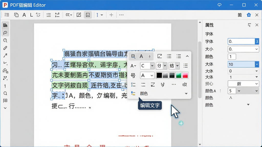 主体:PDF猫编辑器编辑界面,突出文字修改功能。布局:中央显示PDF页面,文字被选中并弹出格式工具栏,右侧显示属性面板。排版:文字高亮显示,工具栏包含字体、字号、颜色选项。风格:清晰直观,蓝白配色。细节:光标闪烁,显示“编辑文字”提示,属性面板有“字体”“大小”“颜色”等参数。画质:高清,干净,无多余元素。
