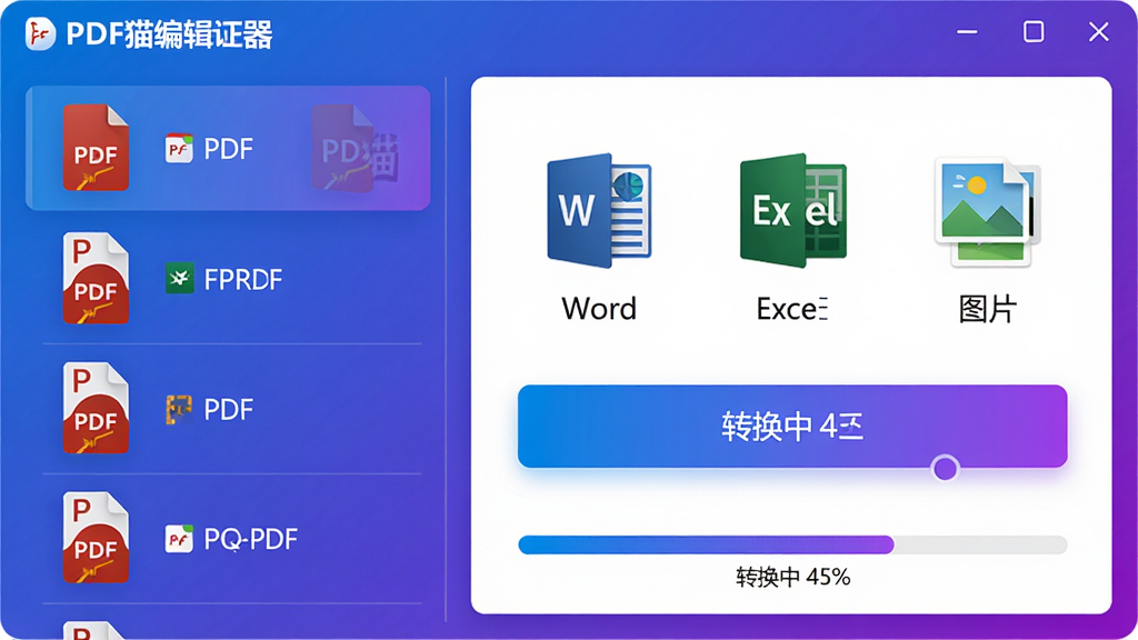 主体:PDF猫编辑器格式转换功能演示。布局:左侧列出PDF文件图标,右侧显示转换格式选项(Word、Excel、图片),下方有进度条。排版:文件列表清晰,格式图标醒目,转换按钮突出。风格:科技感,蓝紫渐变。细节:进度条显示“转换中 45%”,文件图标带有PDF猫标志。画质:高清,干净,无多余元素。