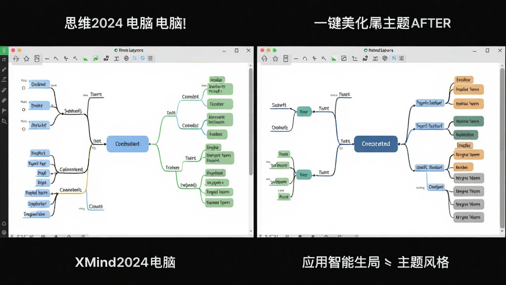 展示思维导图Xmind2024电脑版的一键美化功能,画面左侧是布局凌乱的原始导图,右侧是应用智能布局与主题风格后的整洁导图,对比明显,色彩协调,风格现代简约,画质高清,干净无多余元素,突出软件的美化能力。