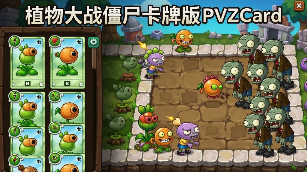 一幅充满活力的游戏宣传图,主体是植物大战僵尸卡牌版PVZCard电脑版的游戏主界面,布局清晰,左侧显示植物卡牌列表,右侧是僵尸进攻的战场,风格卡通明亮,细节丰富,画质高清,干净无多余元素,图片中文字标注