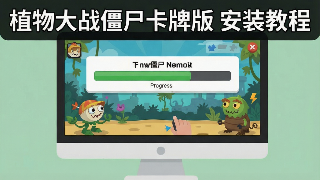 一张展示游戏安装步骤的示意图,主体是电脑屏幕显示安装进度条,布局简洁清晰,风格扁平化,细节突出,画质干净,无多余元素,图片中文字标注