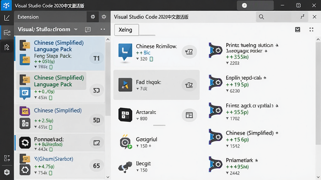 主体:Visual Studio Code 2020中文激活版的扩展面板,展示各种插件图标和下载量;布局:左侧列表,右侧详情;排版:卡片式布局;风格:现代感;细节:插件名称如“Chinese (Simplified) Language Pack”高亮;画质:高清,干净无多余元素