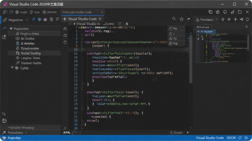 主体:Visual Studio Code 2020中文激活版的界面,深色主题,左侧是资源管理器,中间是代码编辑区,右侧是预览窗口;布局:屏幕中心展示编辑器主界面,窗口边框圆润;排版:界面整洁,代码行高亮;风格:现代简约科技感;细节:窗口标题栏显示“Visual Studio Code 2020中文激活版”,代码字体清晰;画质:高清8K,干净无多余元素