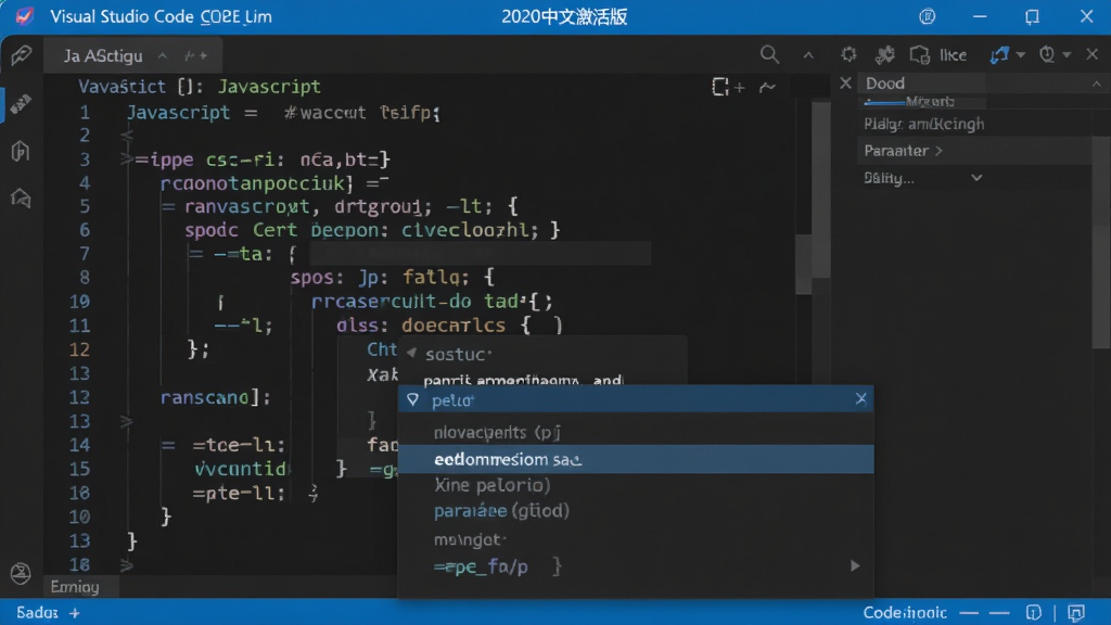 主体:Visual Studio Code 2020中文激活版代码编辑区,正在输入JavaScript代码,弹出包含函数和参数的智能提示列表;布局:提示框悬浮在代码下方;排版:代码缩进规范,提示列表清晰;风格:扁平化界面;细节:提示框高亮显示当前选中项;画质:超清,干净无多余元素