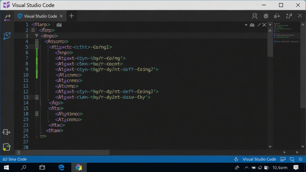 主体:Visual Studio Code 2020中文激活版运行在Windows桌面上,代码编辑区显示HTML代码,左下角显示分支图标;布局:窗口最大化;排版:代码行号清晰;风格:科技感;细节:标题栏有“Visual Studio Code”字样;画质:超高清,干净无多余元素