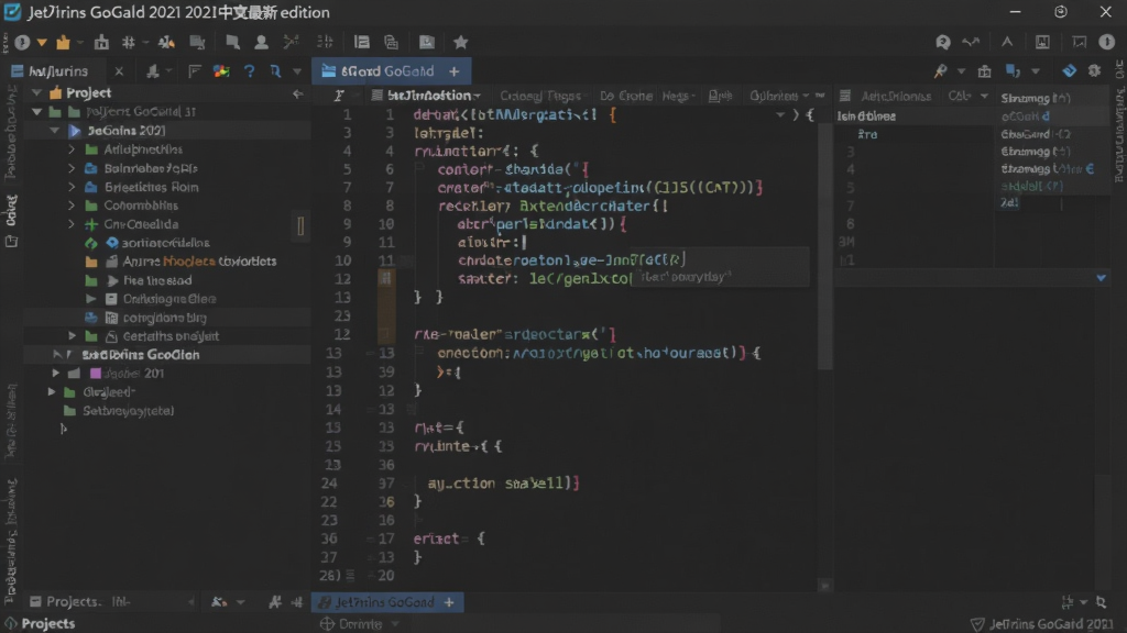 主体为JetBrains GoLand 2021中文最新版的主界面截图,展示深色主题下的代码编辑器,左侧为项目树,右侧为代码预览区,中间为代码编辑区,带有语法高亮和代码补全提示,布局清晰,风格现代简洁,细节包括顶部的菜单栏和工具栏,画质清晰,干净无多余元素