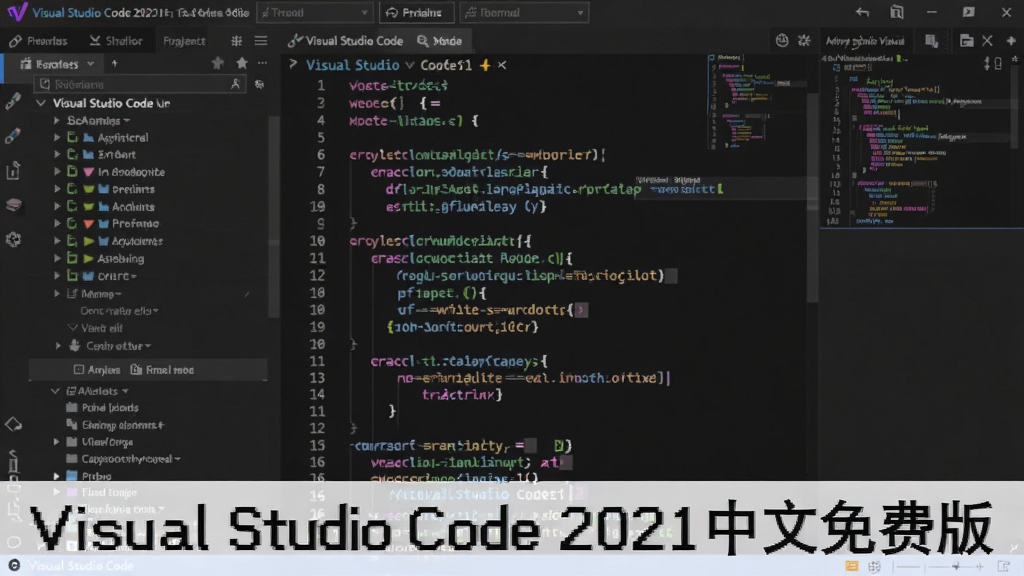 一张展示Visual Studio Code 2021中文免费版在深色主题下编辑代码的界面截图,左侧是资源管理器,中间是彩色代码,右侧是迷你地图,整体布局清晰,风格简洁专业,高画质,干净无多余元素,图片文字标注