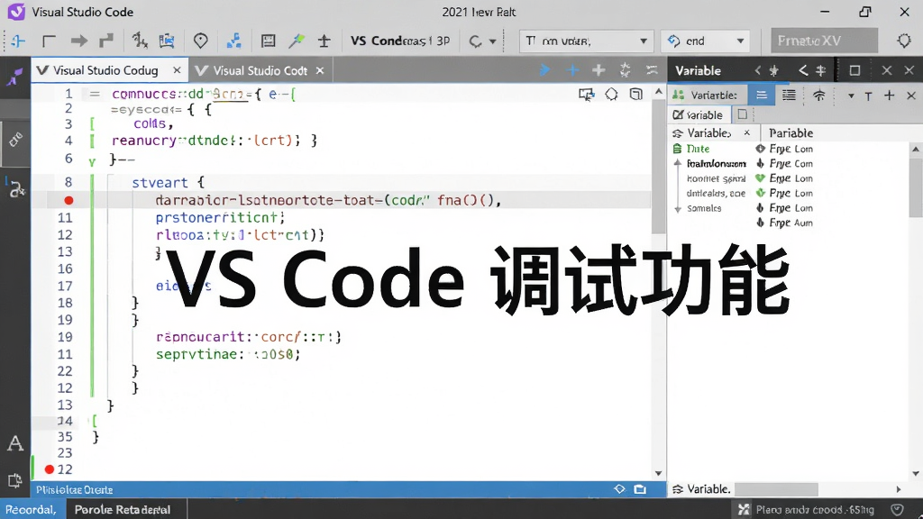 展示Visual Studio Code 2021中文免费版进行断点调试的界面,代码行左侧有红色圆点,顶部有调试控制工具栏,右侧显示变量监视面板,整体风格专业,布局规整,画质清晰,无多余元素,图片文字标注