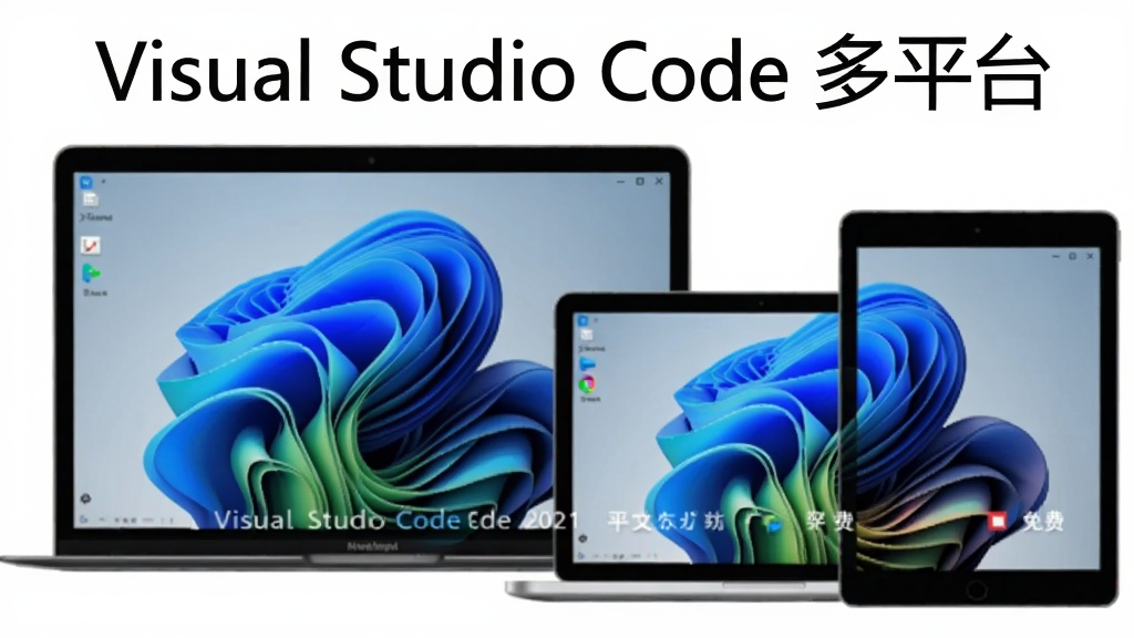 一张展示Visual Studio Code 2021中文免费版跨平台运行在不同设备(电脑、笔记本、平板)上的概念图,风格现代,构图简洁,突出软件的多端一致性,画质清晰,无多余元素,图片文字标注