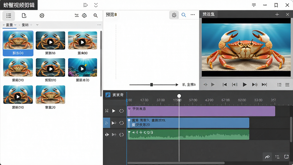 螃蟹视频剪辑主界面展示,左侧素材库,中间时间线轨道,右侧预览窗口,整体风格简洁明亮,软件名称“螃蟹视频剪辑”显示在左上角,高清画质,干净无多余元素