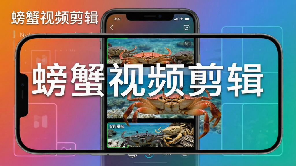 螃蟹视频剪辑一键成片功能演示,手机屏幕中显示自动生成的视频片段,带有“智能模板”字样,背景为渐变色,画面干净清晰,突出软件名称“螃蟹视频剪辑”