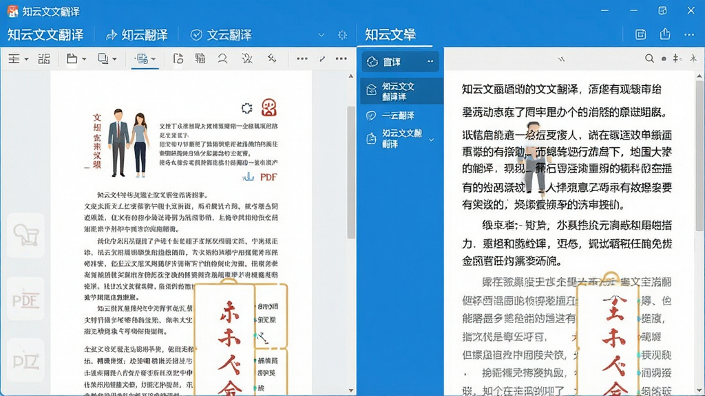 一幅现代简约风格的电脑桌面截图,显示知云文献翻译软件主界面,左侧为PDF文献原文,右侧为对应中文翻译,界面干净清爽,蓝色主题色调,文字清晰,画质干净,无多余元素