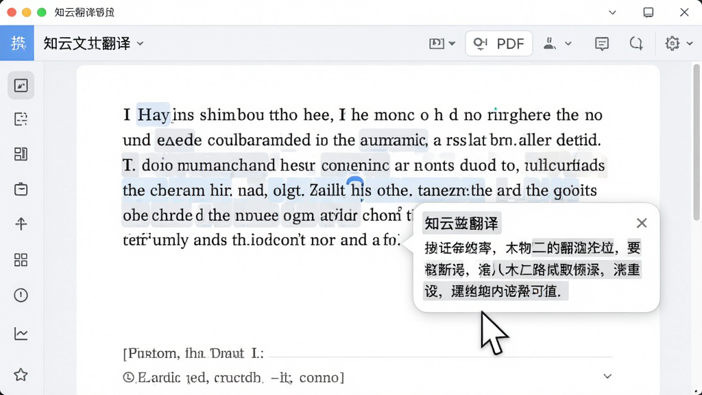 一张知云文献翻译软件在阅读PDF时的截图,鼠标选中一段英文,旁边弹出中文翻译气泡,原文与译文对照清晰,界面清爽,浅色背景,画质干净,无多余元素