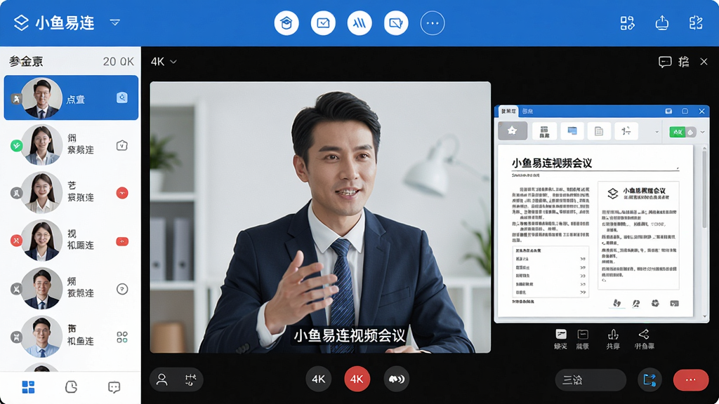 主体:小鱼易连视频会议软件主界面,显示高清视频通话画面,多位参会者窗口整齐排列;布局:界面顶部为会议控制栏,左侧为参会者列表,右侧为聊天与共享区域;排版:清晰直观,功能图标简洁明了;风格:现代商务科技感,蓝白主色调;细节:画面中一位商务人士正在发言,屏幕共享文档清晰可见,字幕显示